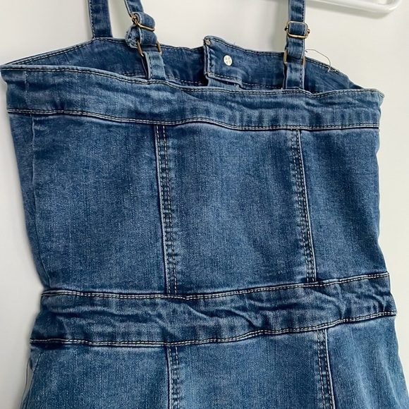 Blue jeans mini dress gold tone button front paneled a little stretch high waist - Picture 6 of 14